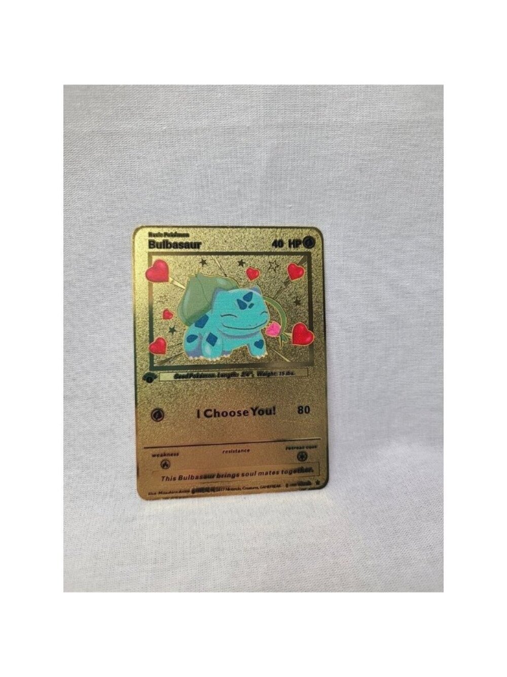 Bulbasaur I Choose You Love Heart Valentine Gold Metal Card- Brand new